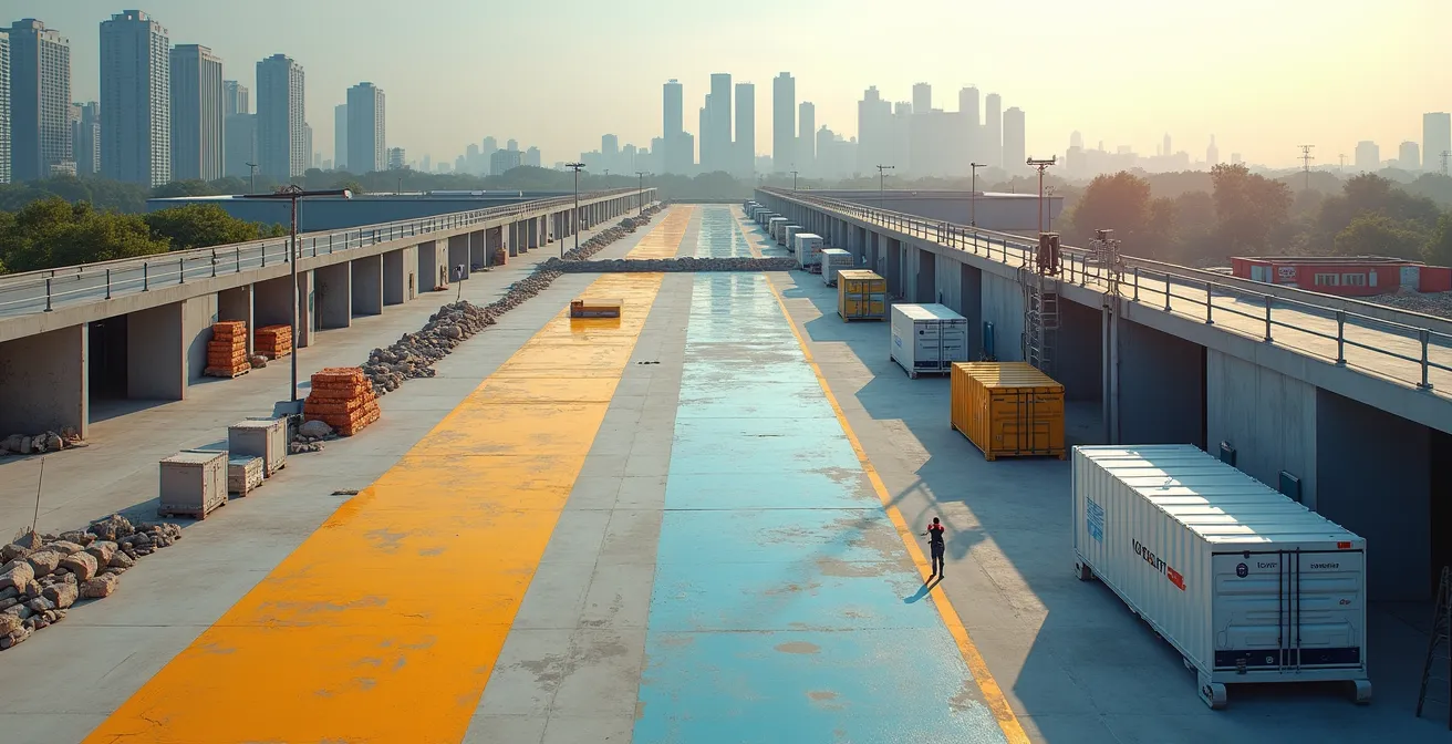 Vue environnementale d'un chantier propre et sécurisé montrant l'organisation rigoureuse