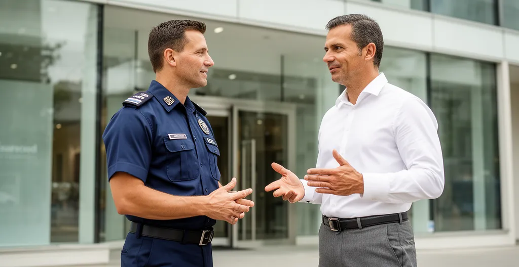 Agent de sécurité et responsable de site en discussion devant l'entrée d'un bâtiment commercial