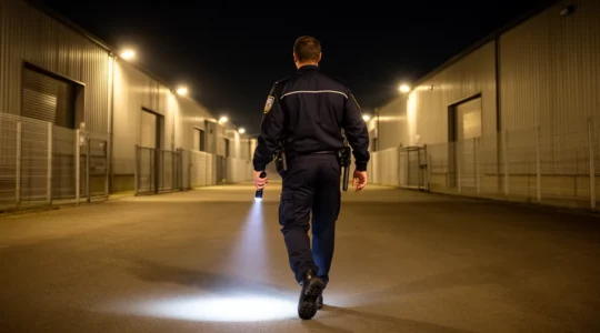 Agent de sécurité en uniforme effectuant une ronde nocturne le long d'un entrepôt industriel