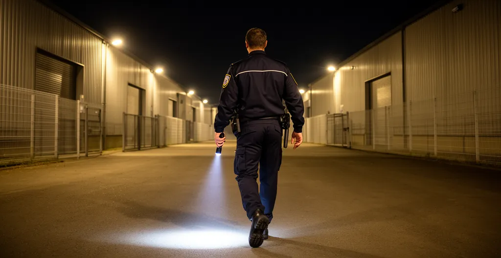 Agent de sécurité en uniforme effectuant une ronde nocturne le long d'un entrepôt industriel