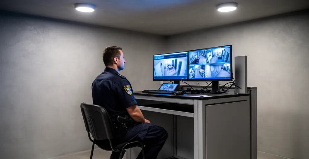 Agent de sécurité surveillant des écrans de vidéosurveillance dans un poste de contrôle