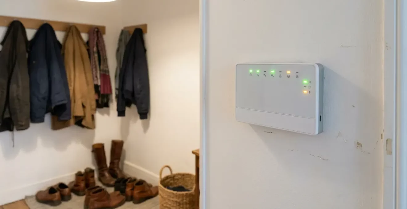 Centrale d'alarme connectée installée sur un mur d'entrée de maison