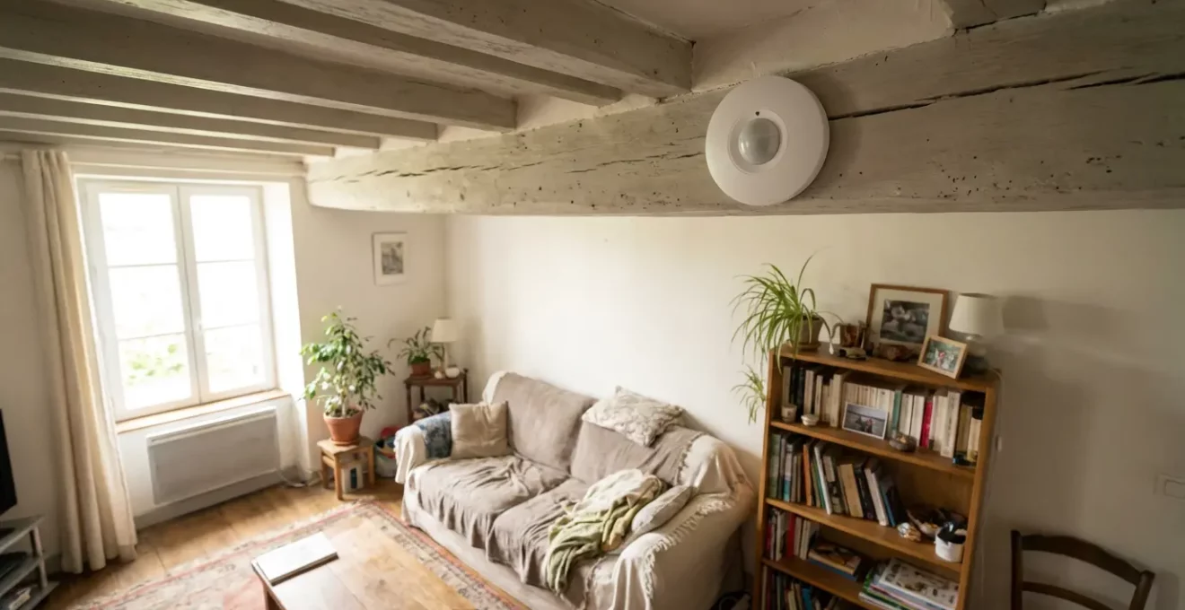 Détecteur de mouvement PIR installé dans un salon familial