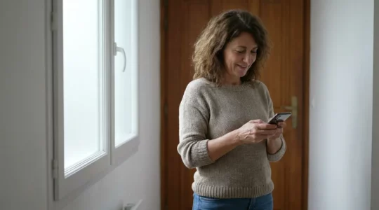 Propriétaire vérifiant une notification d'alarme connectée sur son smartphone dans l'entrée de sa maison