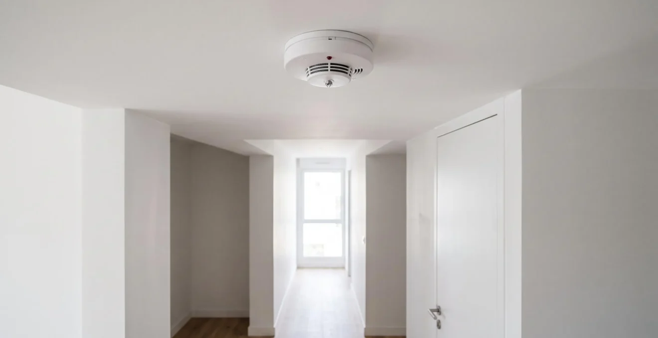 Détecteur de fumée DAAF blanc circulaire installé au plafond d'un couloir résidentiel contemporain