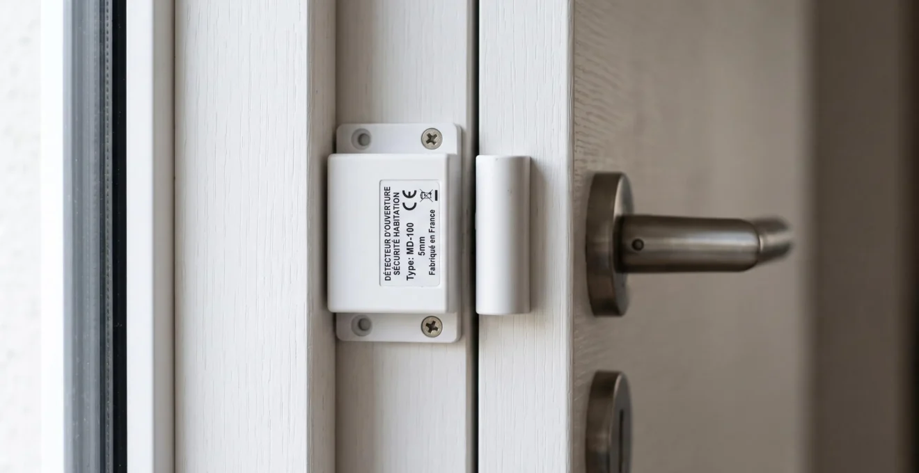 Détecteur d'ouverture magnétique blanc à deux composants installé sur l'encadrement d'une porte d'entrée contemporaine