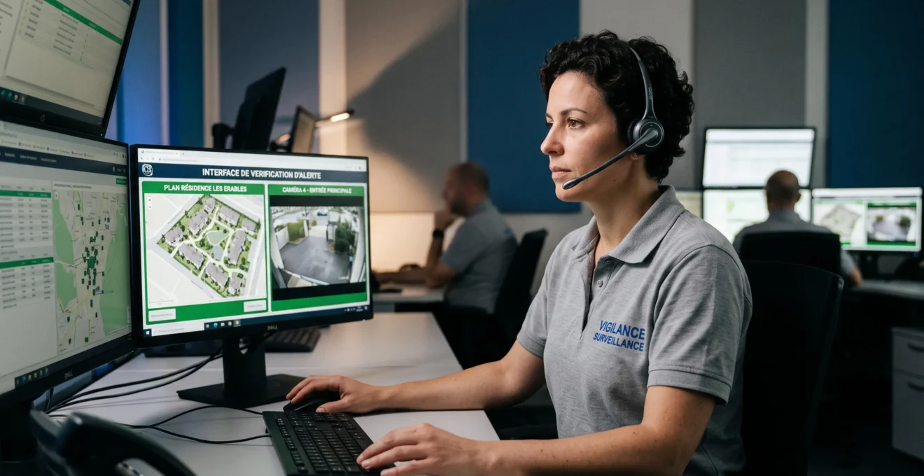 Opératrice de télésurveillance analysant une alerte sur écrans multiples dans une station certifiée APSAD