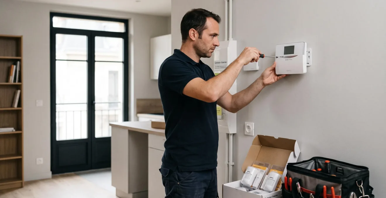 Technicien professionnel installant une centrale d'alarme blanche sur le mur intérieur d'une maison contemporaine, avec détecteurs sans fil et mallette d'outils au sol