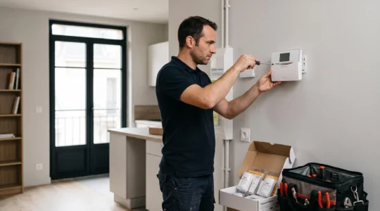 Technicien professionnel installant une centrale d'alarme blanche sur le mur intérieur d'une maison contemporaine, avec détecteurs sans fil et mallette d'outils au sol